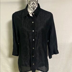 Chico's Black Button Down Shirt with Notched Collar and 3/4 Sleeves Linen/Silk